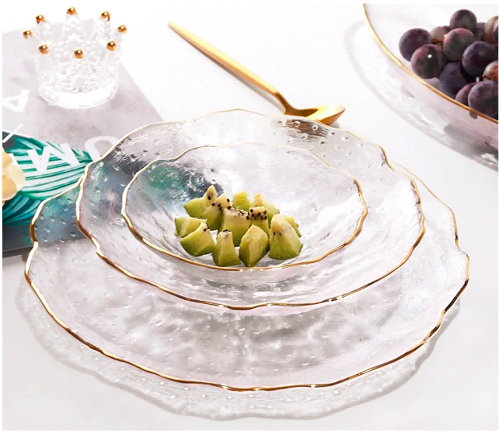 Gold-rimmed Glass Serving Bowl and Plate Set