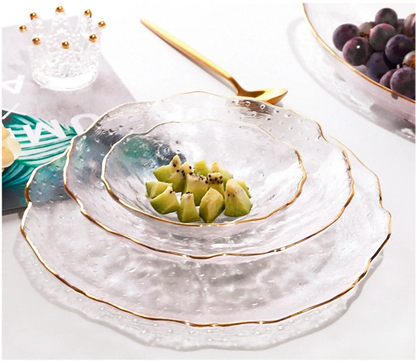 Gold-rimmed Glass Serving Bowl and Plate Set