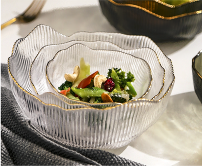 Gold-rimmed Glass Serving Bowl and Plate Set