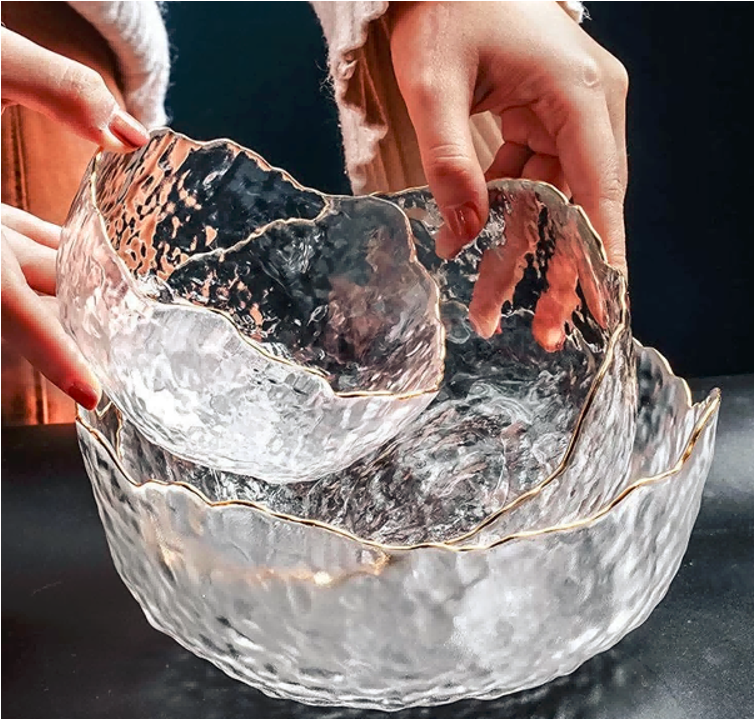 Gold-rimmed Glass Serving Bowl and Plate Set