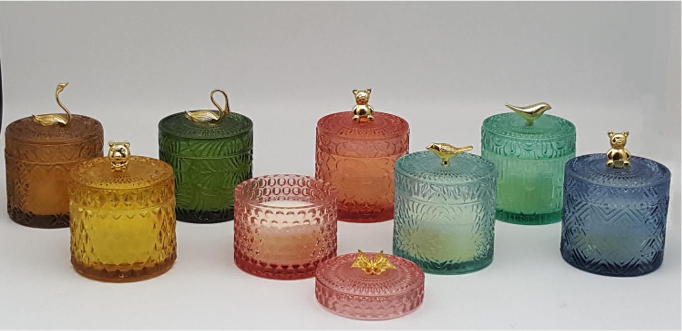 Embossed Glass Candle Holder with Decorative Finial Lid and Wax