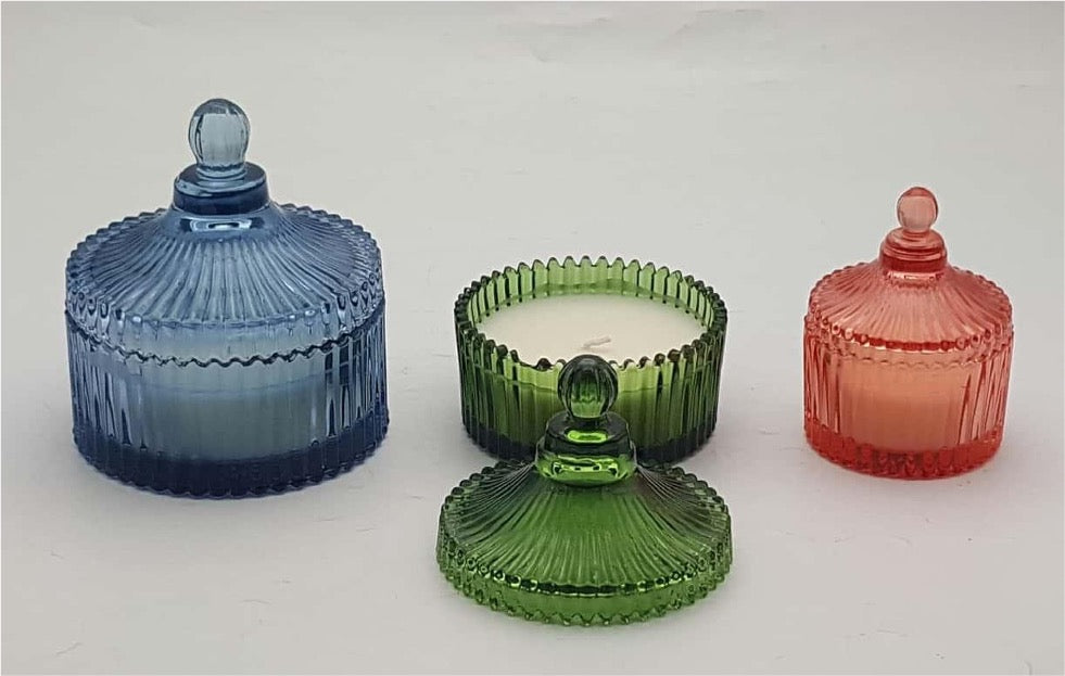 Ribbed Glass Candle Holder with Lids and Wax