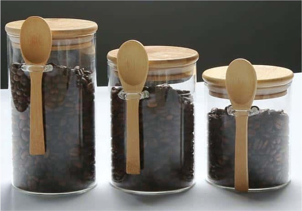 Glass Canister with Wooden Lids and Spoons