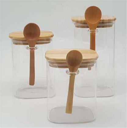 Glass Canister with Wooden Lids and Spoons