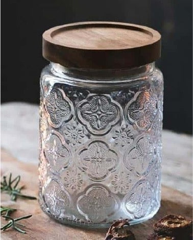 Embossed Glass Canister with Wooden Lids
