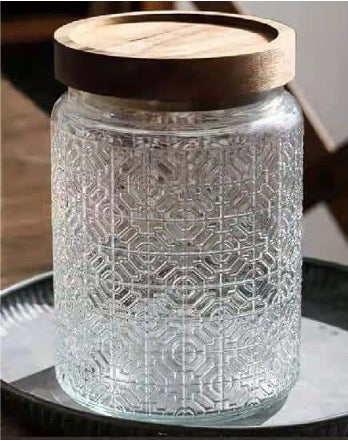 Embossed Glass Canister with Wooden Lids