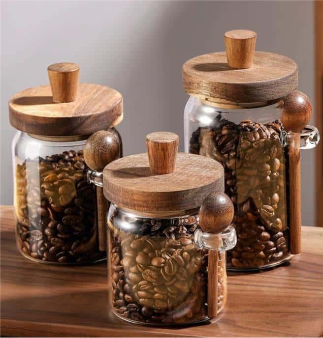 Glass Canister with Wooden Lids and Spoons