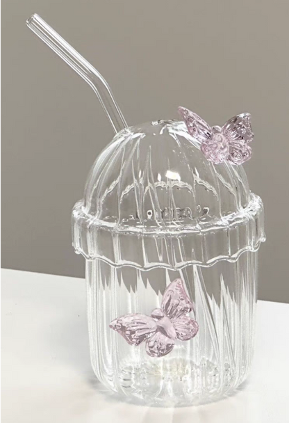 Glass Butterfly Glass Cup with Lid and Straw